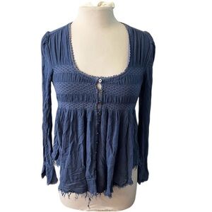 Free People Blue Bird Smocked Babydoll Swing Top - XS